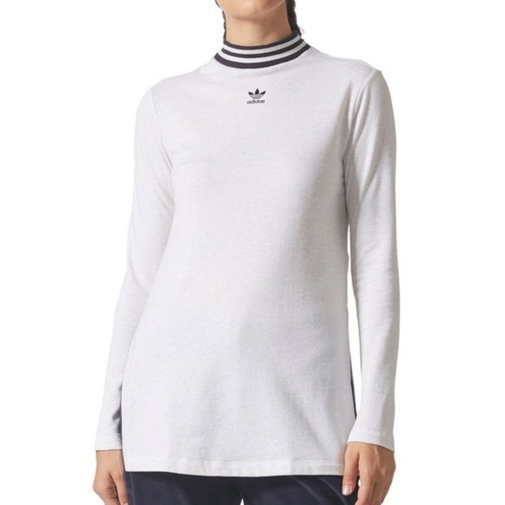 adidas Women's Long Sleeve White Tee with Black Striped Mock Neck